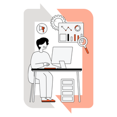 Person at a computer desk analyzing data, with charts, magnifying glass, and gear icons.
