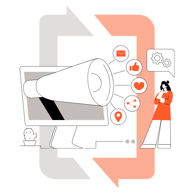 Website design on devices (laptop, desktop, tablet, phone) with arrows, illustrating responsiveness.