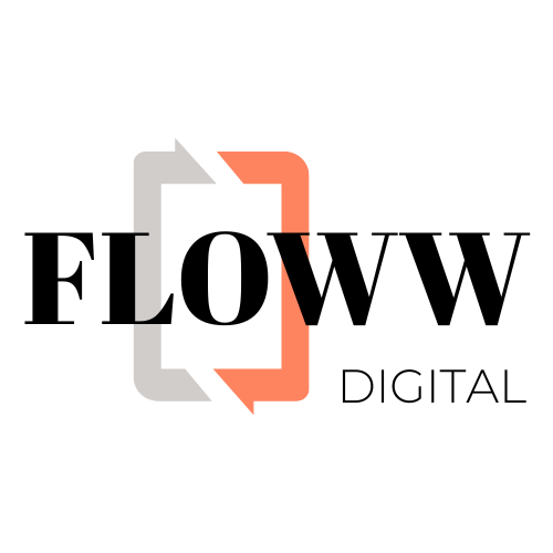 Logo for Floww Digital, featuring text and a graphic of an orange and gray smartphone with arrows.