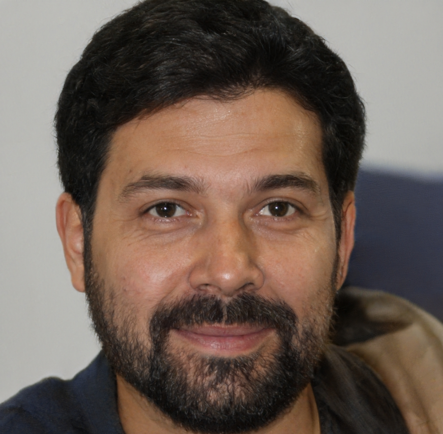 Man with dark hair and beard, smiling, wearing a dark blue shirt and light brown jacket.