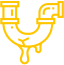A yellow line drawing of a pipe with liquid dripping out of it.