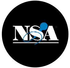 The nsa logo is in a black circle with a blue microphone.