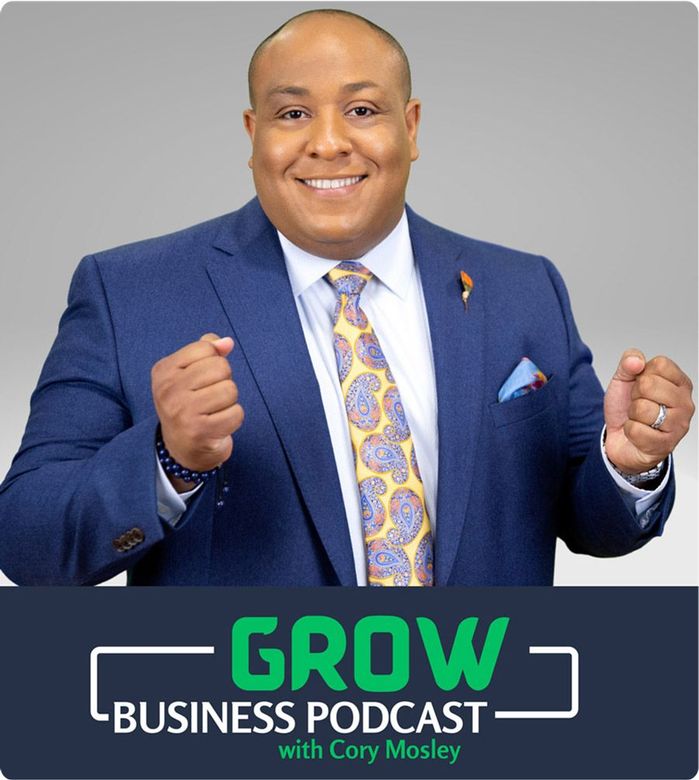 A man in a suit and tie is featured on the grow business podcast