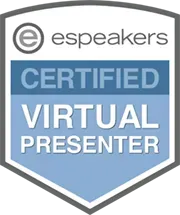 The logo for espeakers certified virtual presenter.