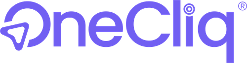 A purple oneclick logo on a white background