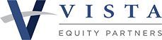 A blue and white logo for vista equity partners