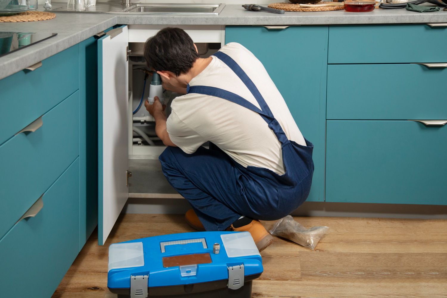 A person in blue overalls kneeling to repair plumbing under a kitchen sink next to a blue toolbox.