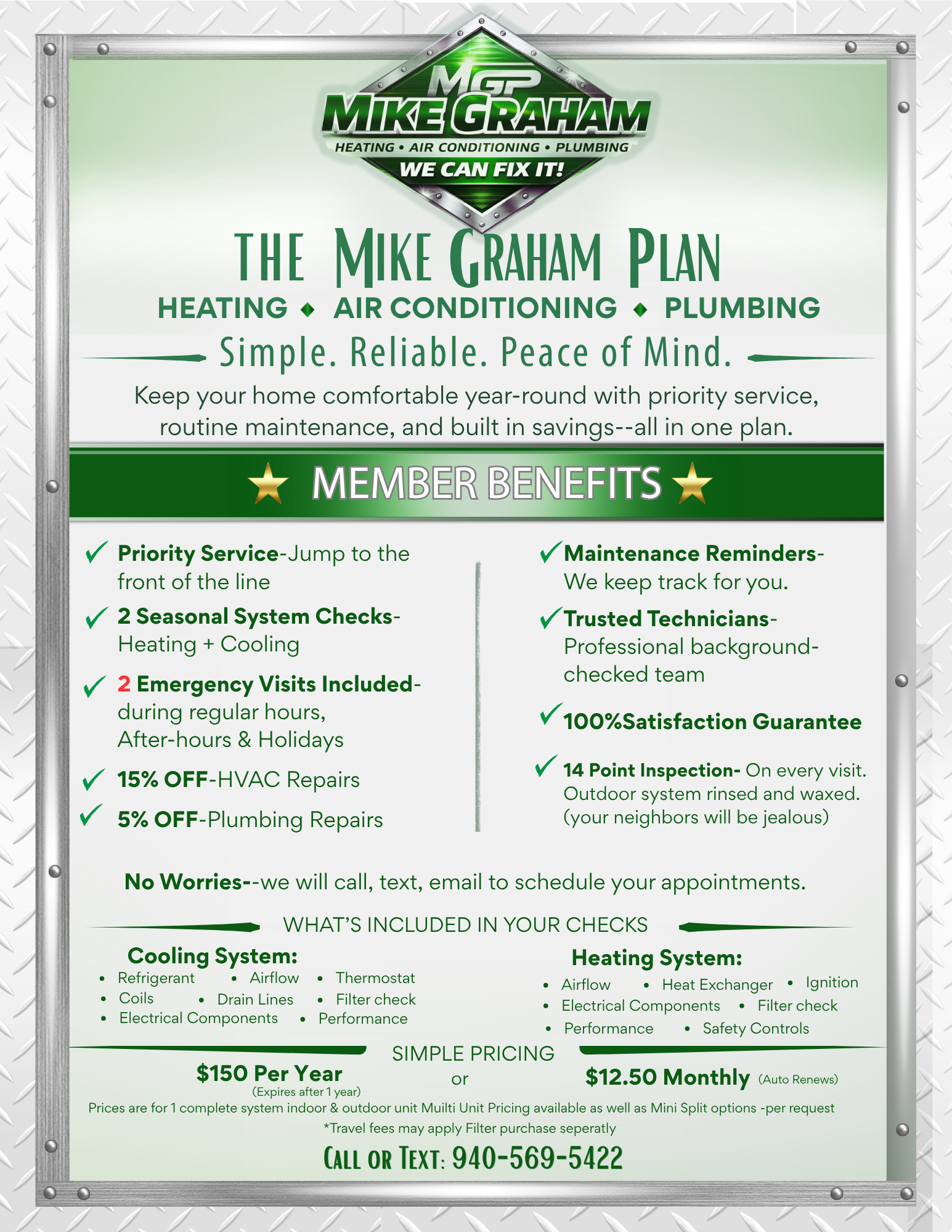 Mike Graham Heating, Air Conditioning & Plumbing service plan information flyer, detailing benefits and check procedures.