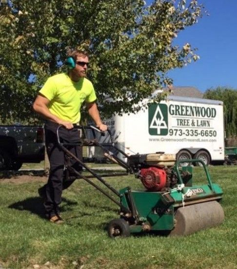 A man is pushing a lawn mower in front of a greenwood tree and lawn truck