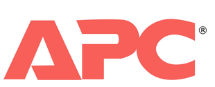 A red apc logo on a white background