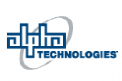 The logo for alpha technologies is blue and gray.
