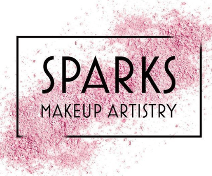 The logo for sparks makeup artistry is surrounded by pink powder.
