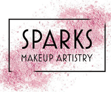 The logo for sparks makeup artistry is surrounded by pink powder.