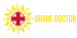 A logo for shade doctor with a sun and a red cross