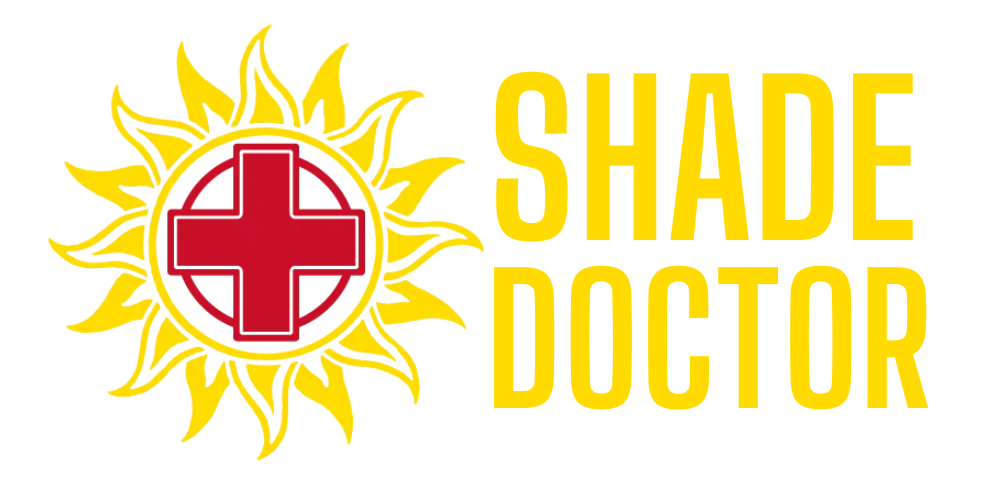 A logo for the shade doctor with a sun and a red cross