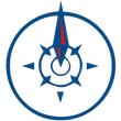 A blue and red compass in a circle on a white background