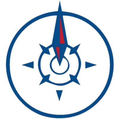 A blue and red compass in a circle on a white background