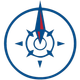 A blue and red compass in a circle on a white background A blue and red compass in a circle on a white background