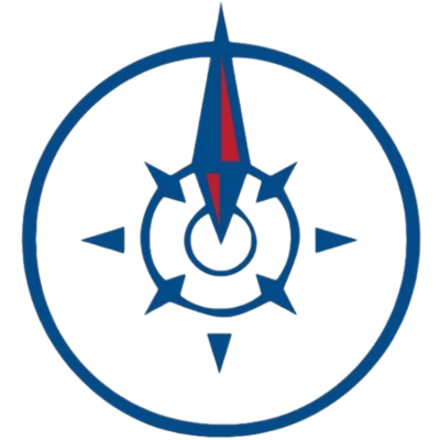 A blue and red compass in a circle on a white background A blue and red compass in a circle on a white background
