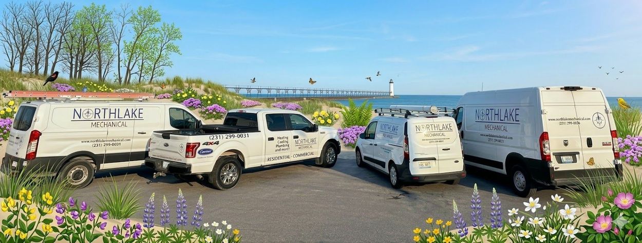 Three parked white service vans beside purple wildflowers under a blue sky