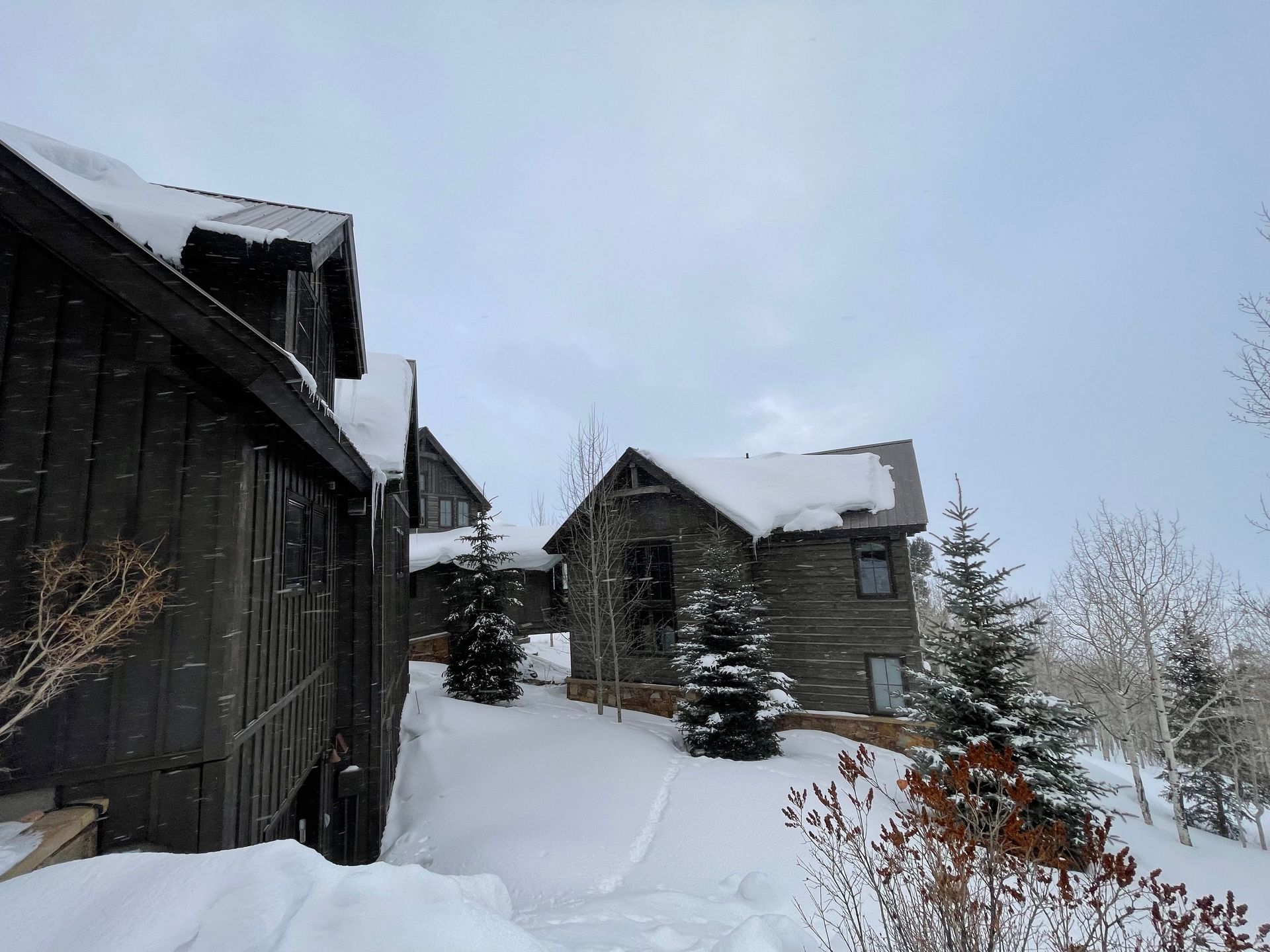 Snow-covered wooden cabins nestled in a winter landscape; overcast sky.