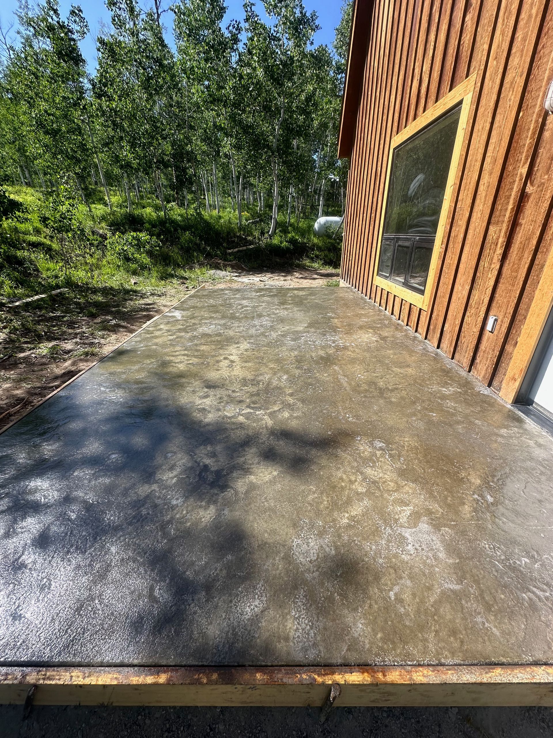 Concrete patio next to a wooden building, with trees in the background.
