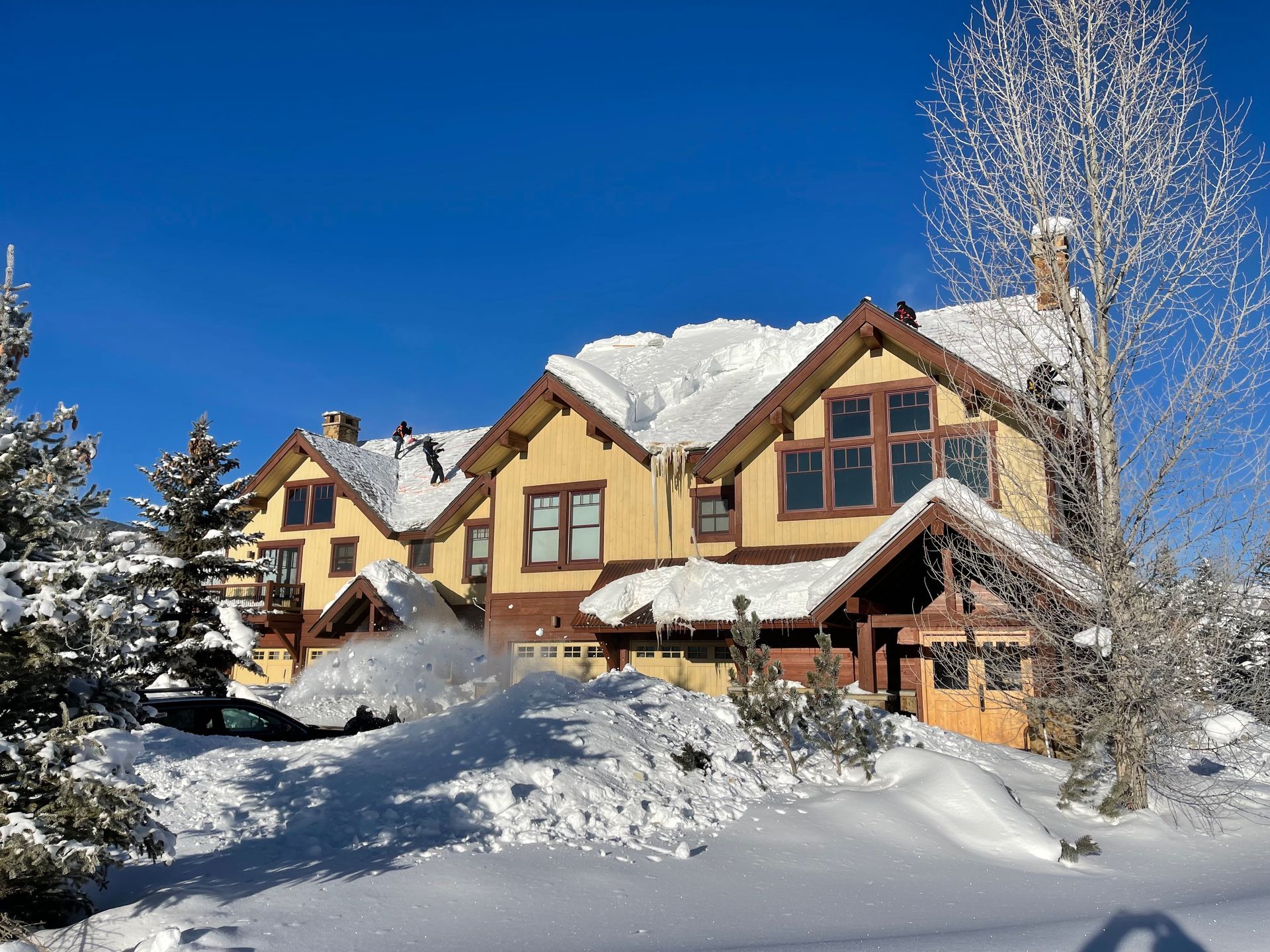 Snow-covered multi-story house on a sunny day. Snow falling from roof. Trees and bright blue sky.
