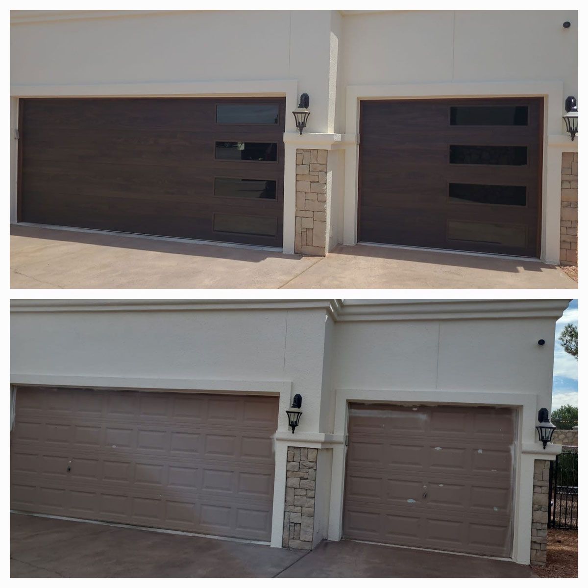 Garage doors before and after. Brown modern garage doors with glass panels, replacing older beige doors.