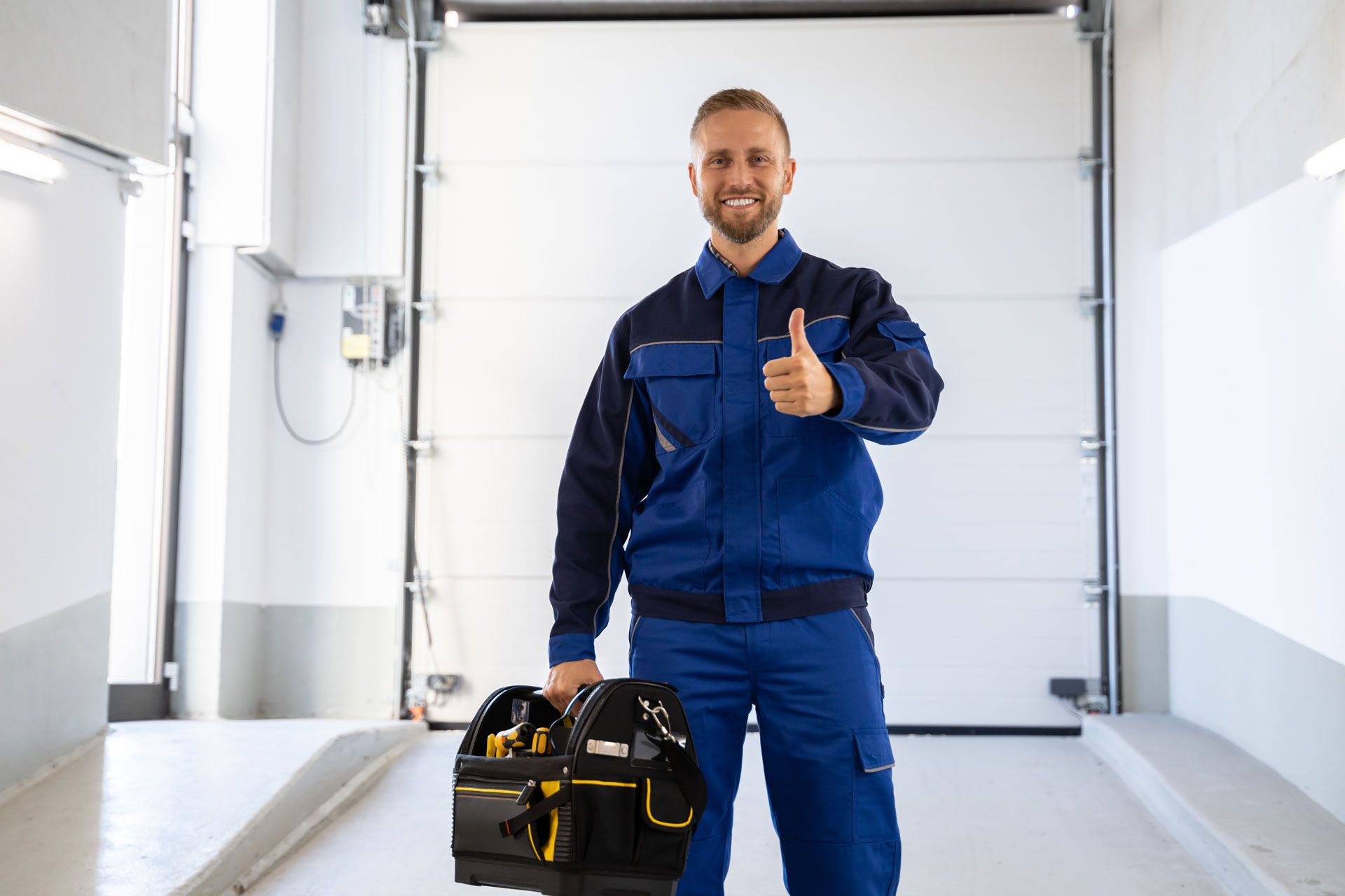 Smiling repair technician in blue work uniform giving a thumbs-up beside a tool bag in a garage