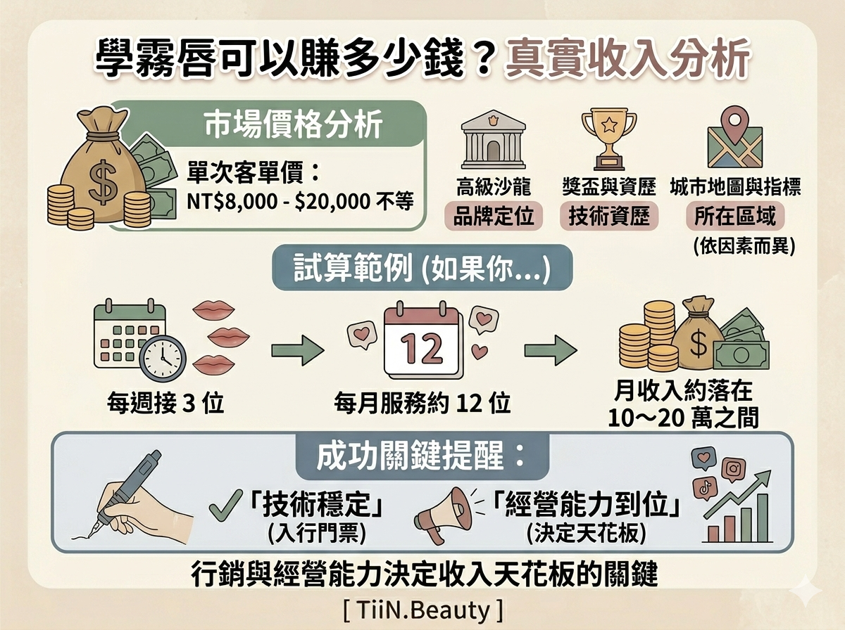 一張奶油莫蘭迪色系的 4比3 資訊圖表懶人包，標題為「學霧唇可以賺多少錢？真實收入分析」。圖像中央左側顯示台灣市場單次霧唇客單價 8,000-20,000 元，並列出影響因素：品牌定位、技術資歷、所在區域。中間區域進行了試算：每週接 3 位，每月服務 12 位，月收入約落在 10-20 萬之間。下方提醒成功關鍵在於技術穩定和經營能力到位，強調行銷與經營能力決定收入天花板。底部有 [ TiiN.Beauty] 字樣。