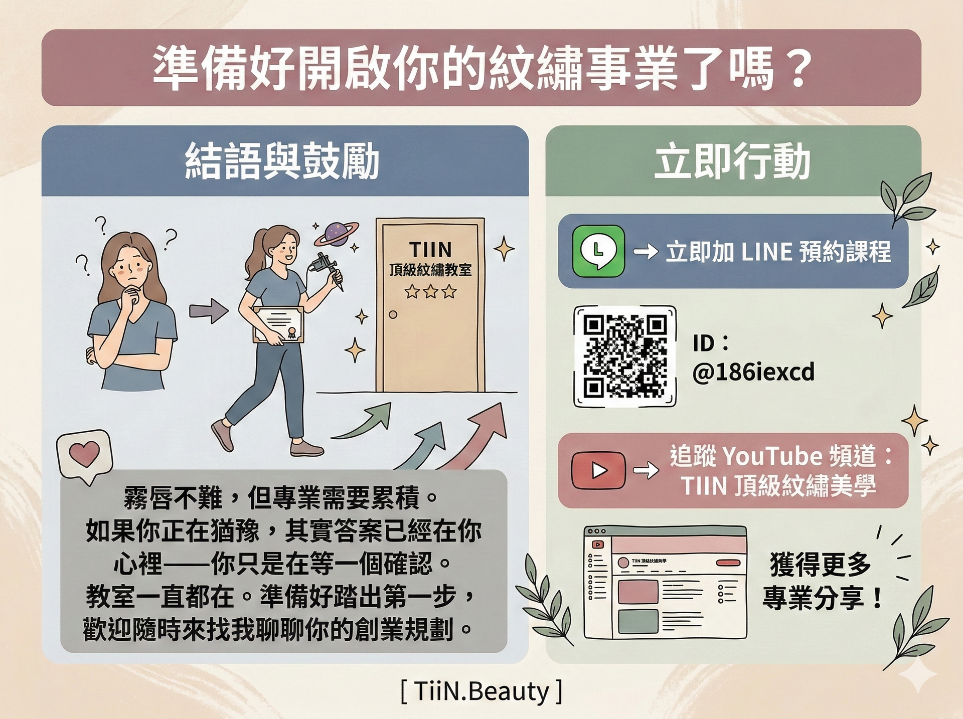 這是一張奶油莫蘭迪色系與奶油色背景的 4比3 資訊圖表懶人包，標題為「準備好開啟你的紋繡事業了嗎？」。左側子標題「結語與鼓勵」，包含一位猶豫不決的女性轉變為自信霧唇師的插圖，拿著證書走向「TIIN 頂級紋繡教室」門口。下方配有心形、星星和向上的箭頭。下方灰色框中 Traditional Chinese 文字：「霧唇不難，但專業需要累積。猶豫的答案在心裡，需要一個確認。教室一直都在。準備好踏出第一步，歡迎隨時來找我聊聊你的創業規劃。」。右側子標題「立即行動」。繪製兩個 CTA 區塊。LINE 區塊：LINE 圖示，配有「立即加 LINE 預約課程」文字，手繪 QR Code 旁邊有 Traditional Chinese 文字「ID : @186iexcd」。YouTube 區塊：YouTube 圖示，配有「追蹤 YouTube 頻道：TIIN 頂級紋繡美學」文字，以及 YouTube 頻道的頁面縮圖 (標示「TIIN 頂級紋繡美學」)，其上有文字「獲得更多專業分享！」。佈局整潔，文字清晰好讀。在底部中心清晰地加上手繪粗體的「[ TiiN.Beauty]」字樣。簡約 INS 風格手繪插畫。葉子與星星裝飾。