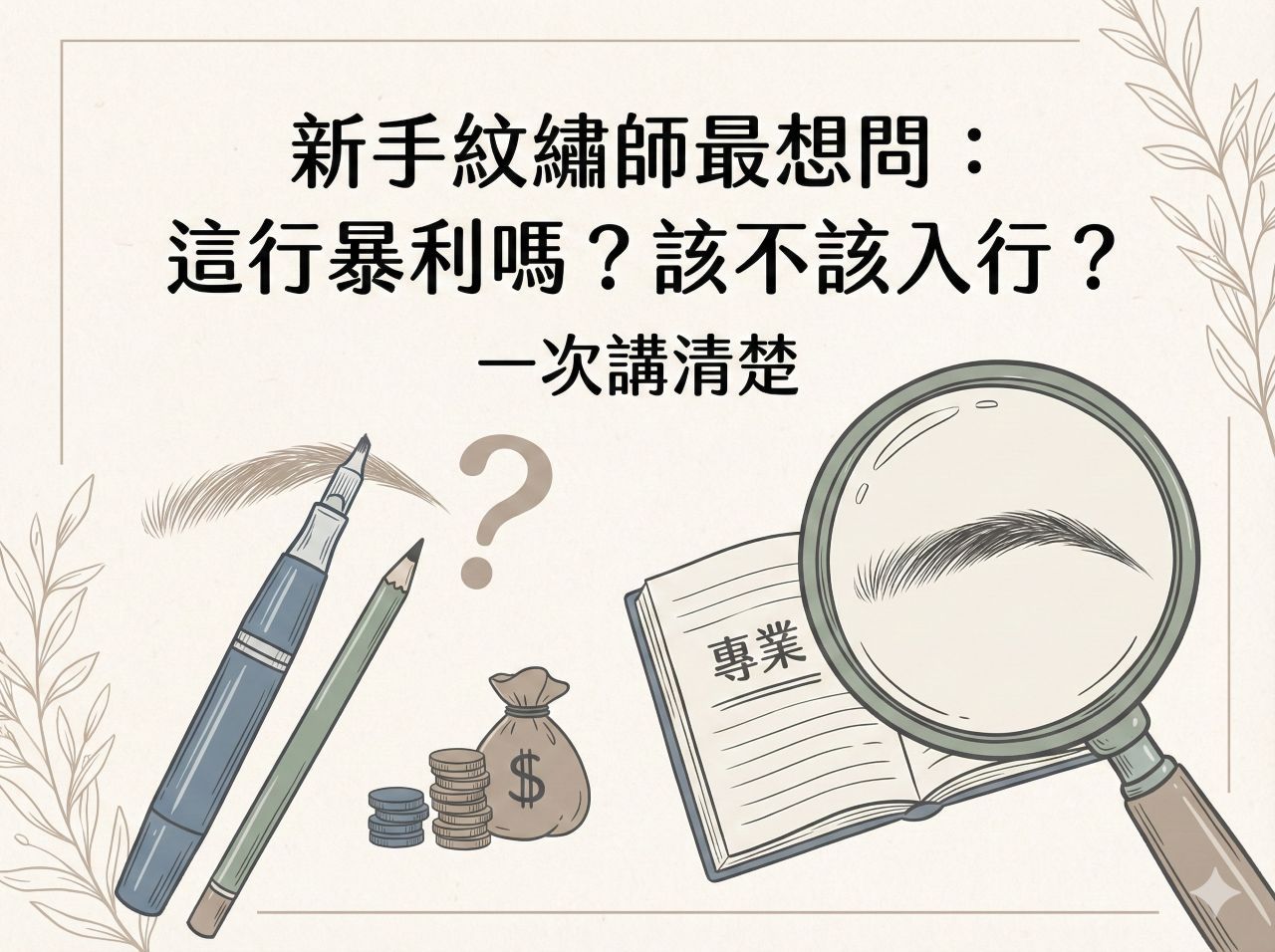 封面以手繪風格呈現新手紋繡師入行疑問的主題，畫面包含霧眉工具、放大鏡檢視眉型、金錢符號與問號，象徵成本、收入與專業選擇，並以大字標示「這行暴利嗎？該不該入行？」強調文章探討紋繡產業真相