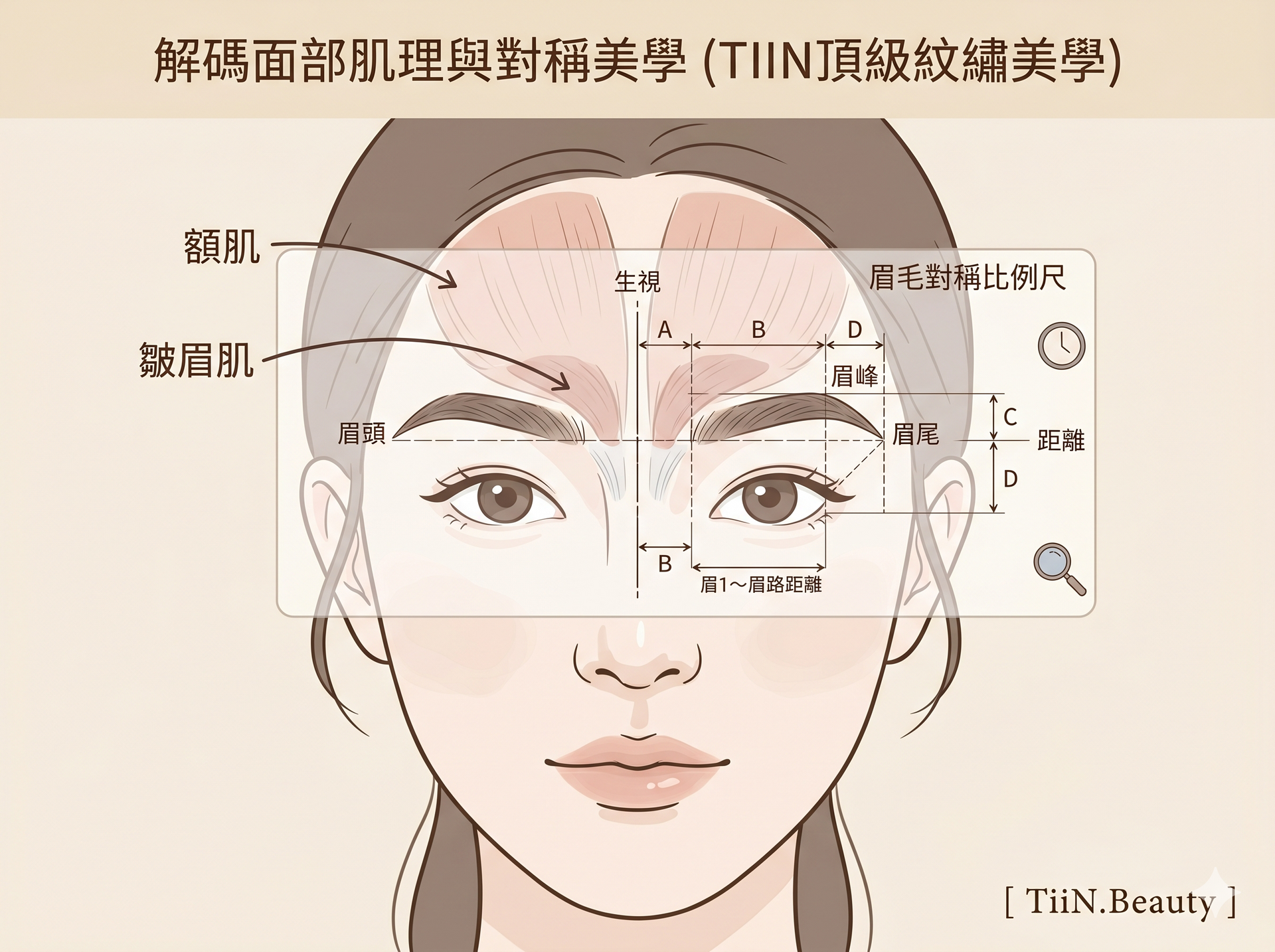 面部肌肉動態與眉骨結構示意圖，說明霧眉後期不對稱的生理學原因