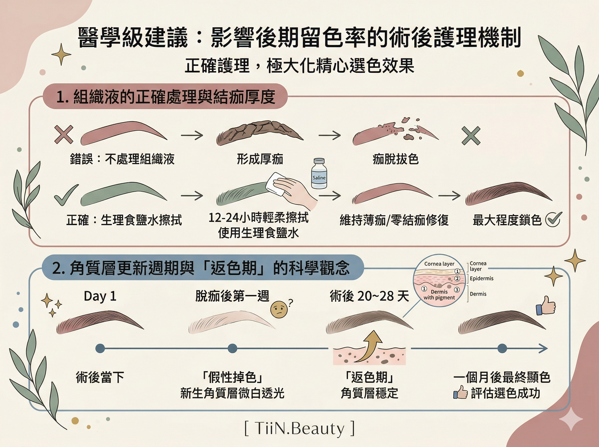 一張奶油色簡約莫蘭迪色調的 4:3 霧眉教學懶人包圖文，標題為「醫學級建議：影響後期留色率的術後護理機制」。畫面以精緻手繪插畫搭配清晰的繁體中文字，整齊列出兩大重點：1. 組織液的正確處理與結痂厚度：對比「錯誤：不處理組織液（形成厚痂脫落拔色）」與「正確：生理食鹽水擦拭（維持薄痂/零結痂修復，最大程度鎖色）」，顯示小人手拿棉片與生理食鹽水。2. 角質層更新週期與「返色期」的科學觀念：顯示 28 天的代謝週期時間軸，從術後當下（Day 1）-> 脫痂後第一週（「假性掉色」，角質層微白透光）-> 術後 20-28 天（「返色期」，角質層穩定）-> 一個月後最終顯色（評估成功），配有皮膚結構層示意圖。圖片底部中央有 [ TiiN.Beauty ] 字樣。