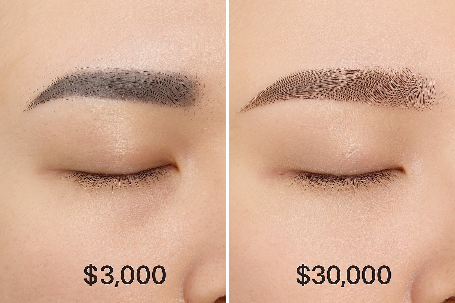 霧眉價格差異對比，左邊便宜霧眉僵硬掉色，右邊高端霧眉自然持久