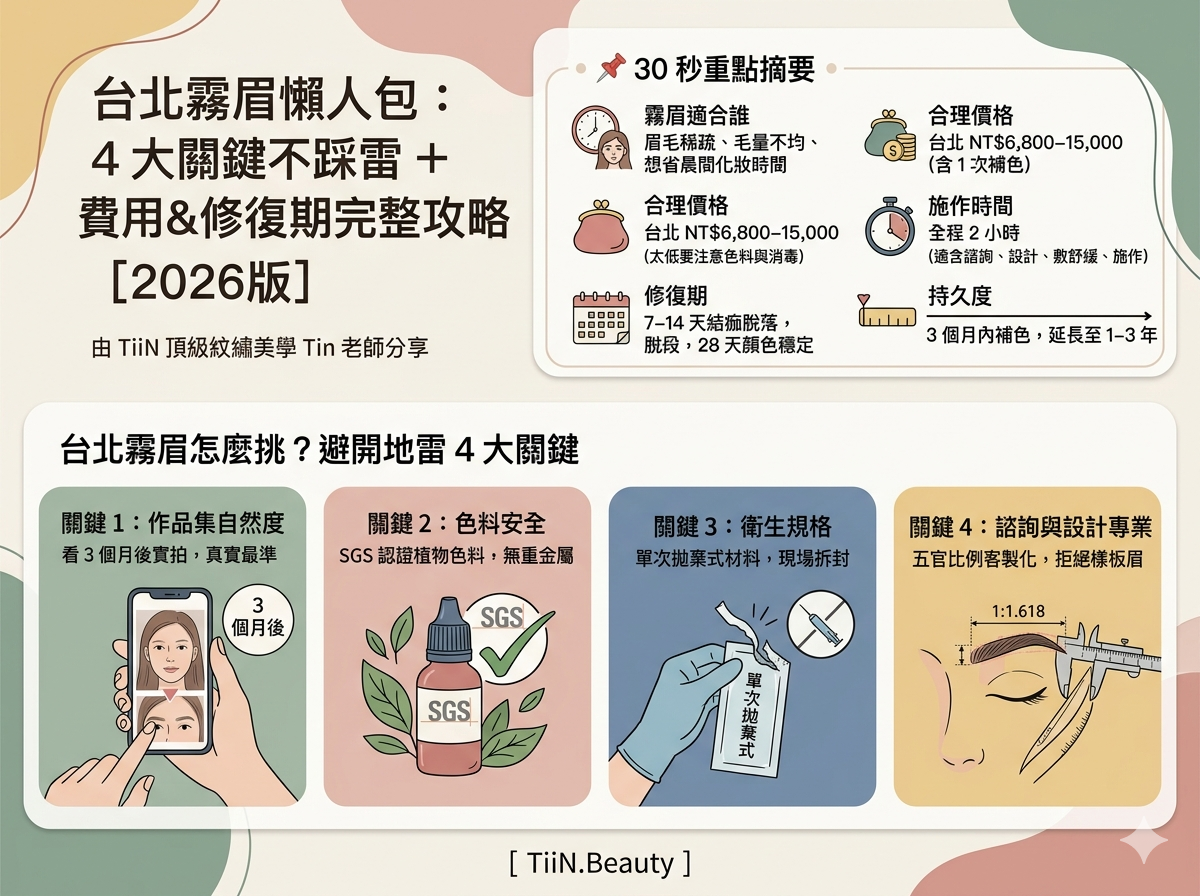 一張奶油莫蘭迪色系的簡約手繪風格圖解，標題為「台北霧眉懶人包：4大關鍵不踩雷＋費用與修復期攻略」。圖表分為兩部分：上方為「30秒重點摘要」，包含適合對象（眉毛稀疏、想省時）、合理價格（NT$6,800-15,000）、施作時間（2小時）、修復期（28天穩定）與持久度（1-3年）的圖文說明；下方列出「避雷4大關鍵」，分別是看3個月後實拍作品、使用SGS安全認證色料、堅持單次拋棄式衛生材料、以及客製化五官比例設計。圖片最下方標有 [ TiiN.Beauty ] 字樣，整體呈現高級簡約的質感