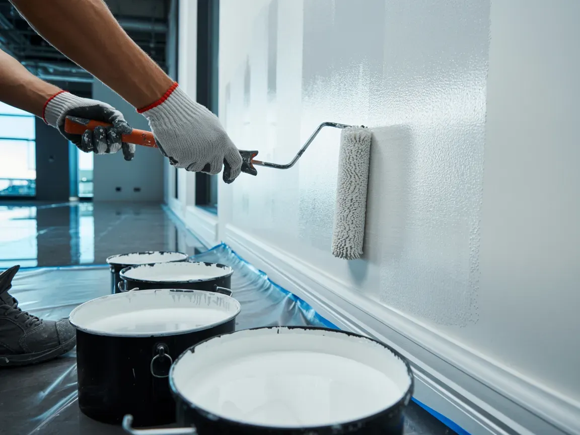 Person painting a white wall with a paint roller; multiple paint buckets are in front of the wall.