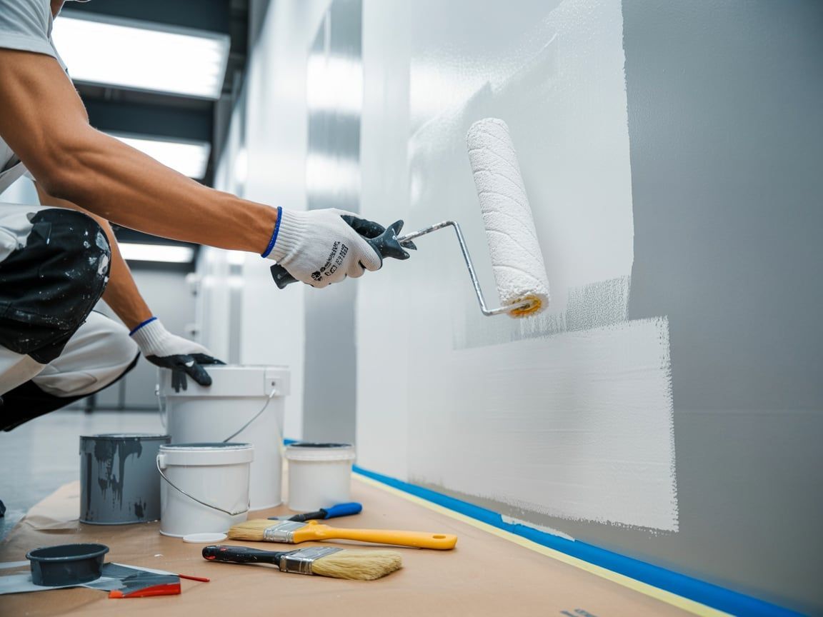 Person painting a white wall with a roller; paint cans and tools are nearby.
