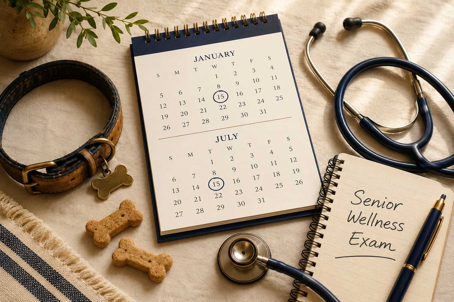 Flat-lay editorial image with dog collar, calendar, and stethoscope representing senior dog wellness