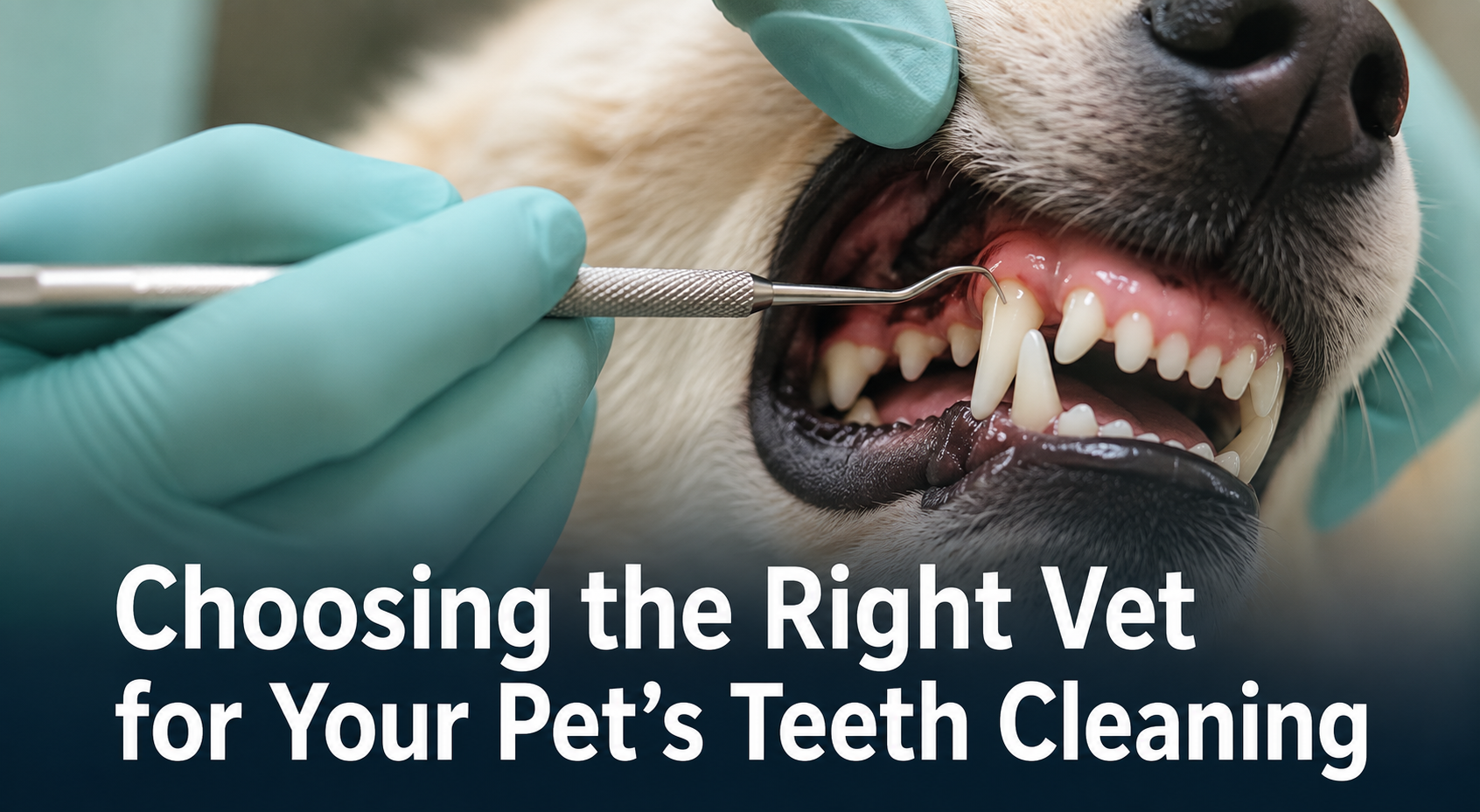 Close-up of veterinary hands checking a dog's teeth during a dental exam