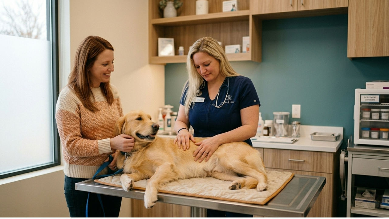 planation veterinarian providing a wellness exam for a dog