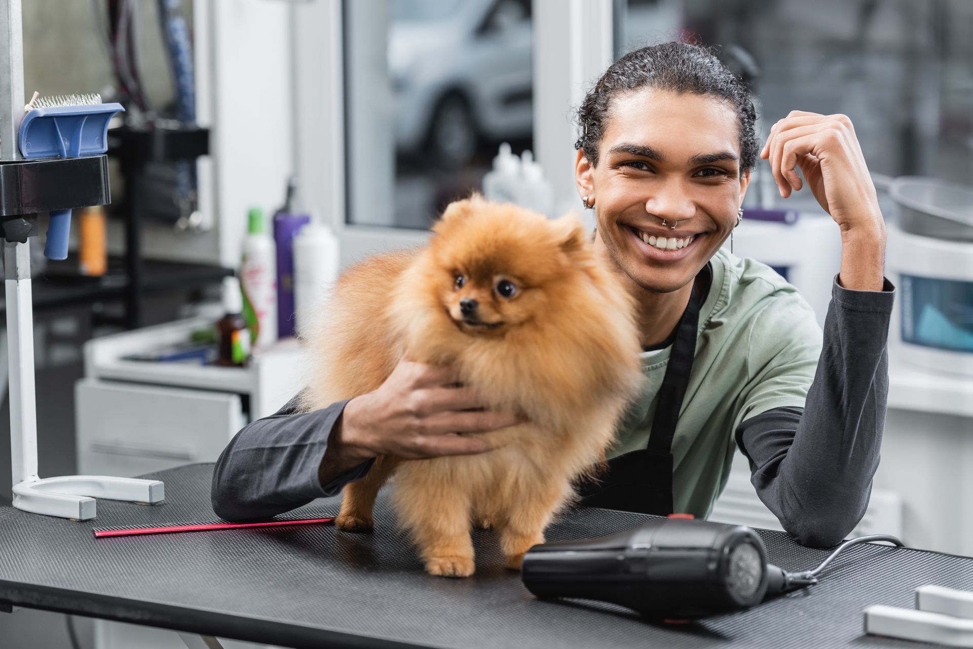 A man is holding a small dog in a grooming salon.