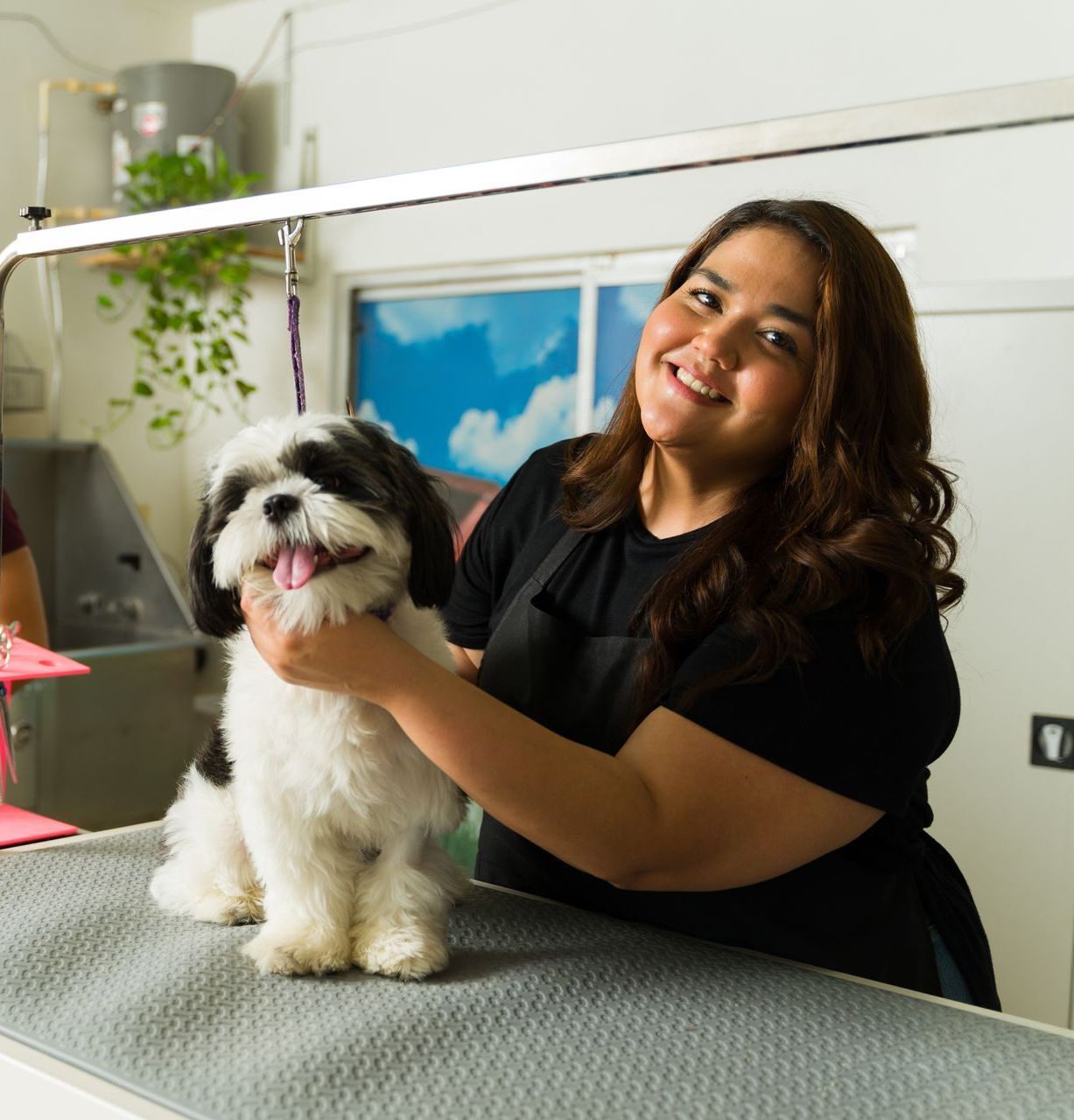 A woman is holding a small dog on a table