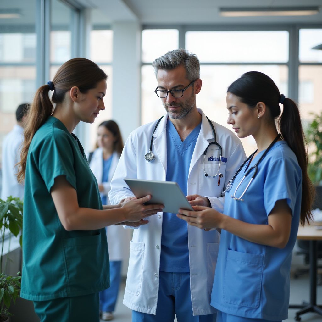Doctors and nurses review a tablet in a medical office.