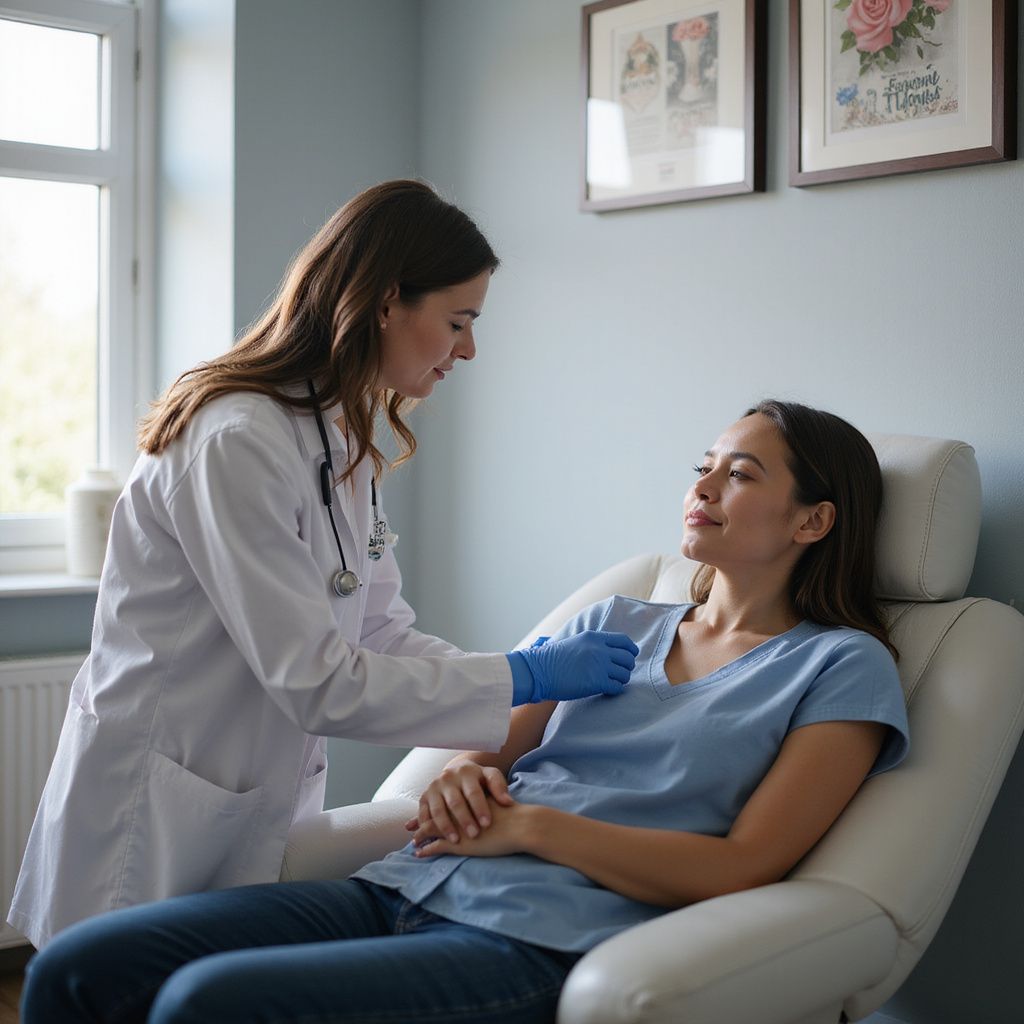 Doctor in lab coat examines patient in clinic.