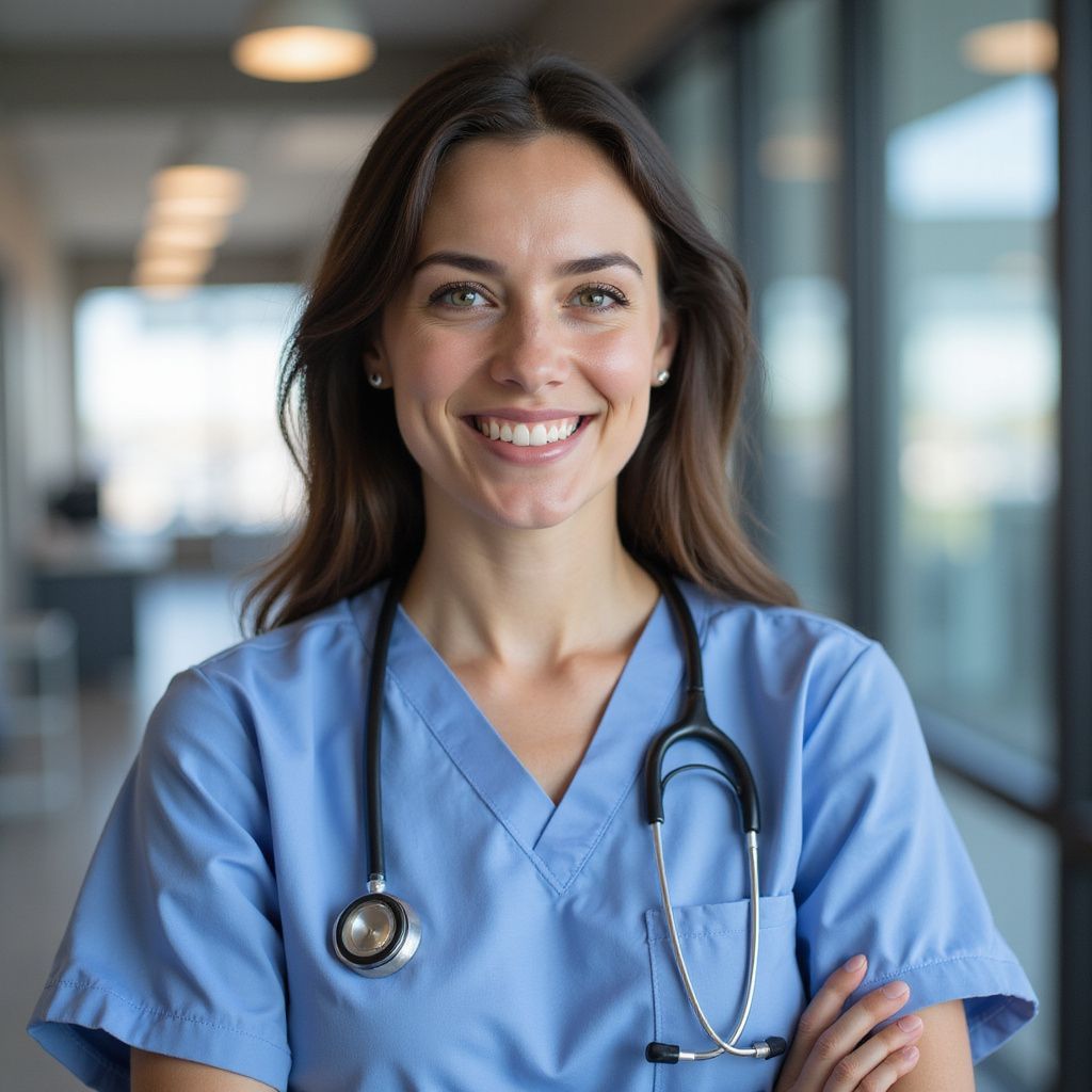 Woman in blue scrubs with a stethoscope, smiling with arms crossed in a brightly lit hallway.