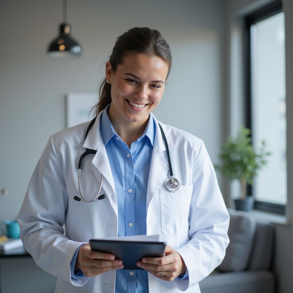 Smiling doctor in a white coat holds a tablet, stethoscope around her neck, indoors.