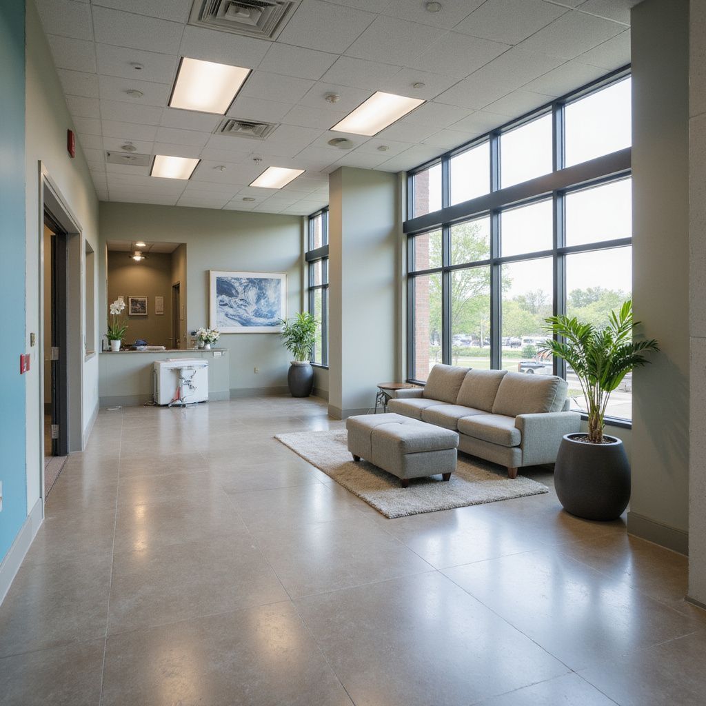 Hallway with a waiting area, light grey walls, large windows, sofa, and potted plants.