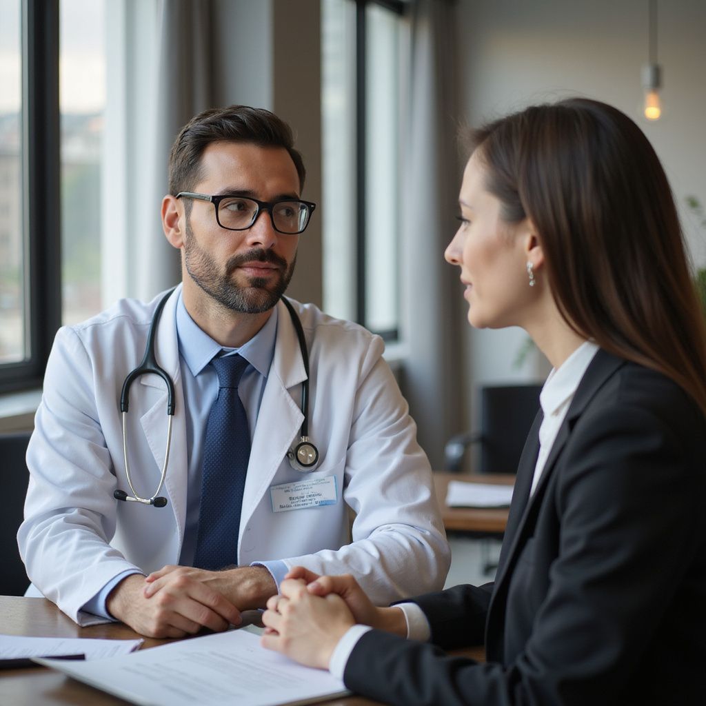 Doctor in white coat with stethoscope speaking to woman in black blazer.