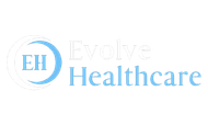 Logo for Evolve Healthcare: White crescent over EH letters within a blue circle, with 